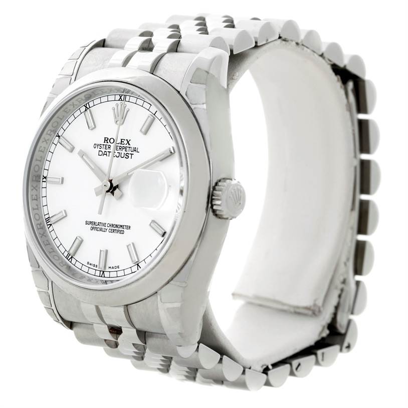 This view of the Rolex Datejust 116200 Men
s Stainless Steel White Dial 116200 Men
s Stainless Steel White Dial watch shows its face, bezel, crown, and bracelet from a slight angle.