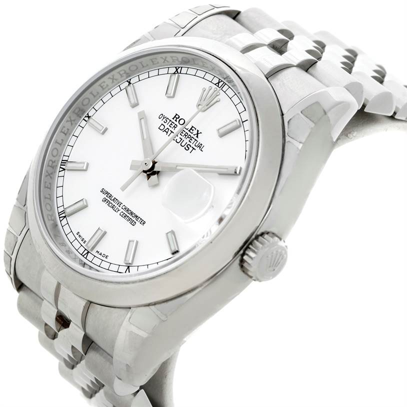 This Rolex Datejust 116200 Men
s Stainless Steel White Dial 116200 Men
s Stainless Steel White Dial watch is shown at a 45-degree angle, highlighting its round face, crown, and bracelet.