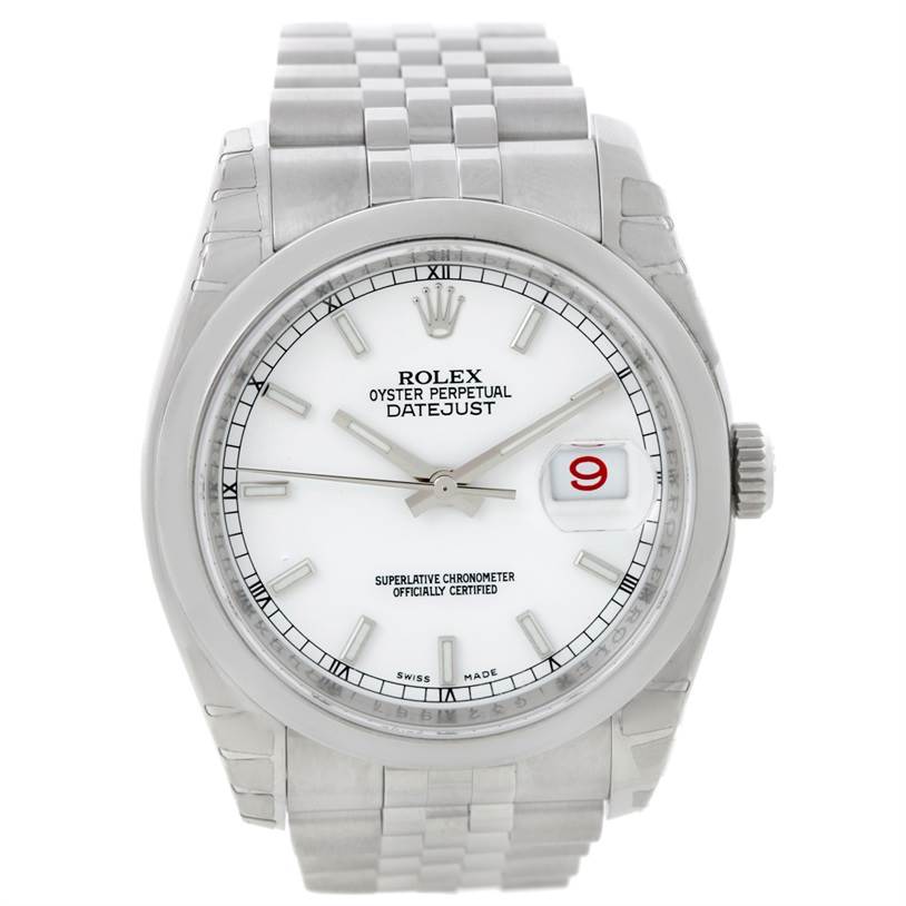 This image shows a front view of a Rolex Datejust 116200 Men
s Stainless Steel White Dial 116200 Men
s Stainless Steel White Dial watch, featuring its dial, case, and part of the bracelet.