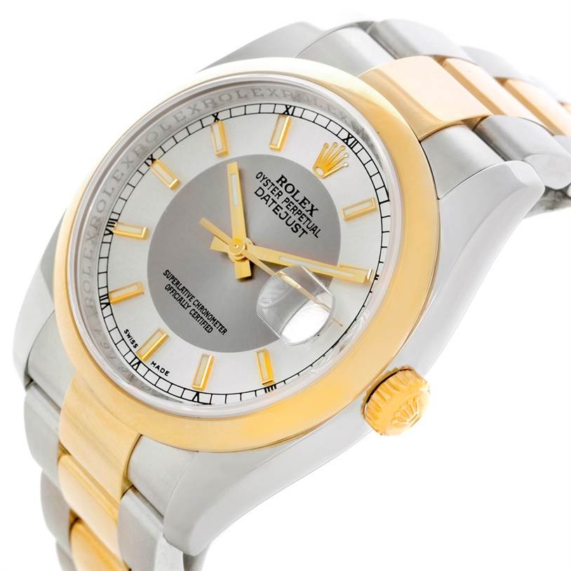 The Rolex Datejust 116203 Men's Stainless Steel Silver Dial 116203 Men's Stainless Steel Silver Dial watch is shown at an angled close-up, highlighting the dial, bezel, crown, and part of the bracelet.