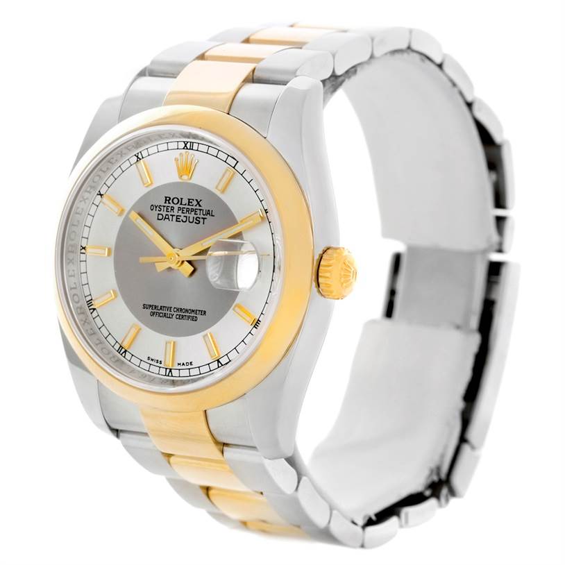 The image shows a Rolex Datejust 116203 Men's Stainless Steel Silver Dial 116203 Men's Stainless Steel Silver Dial watch at a slight angle, highlighting the dial, bezel, crown, and part of the bracelet.