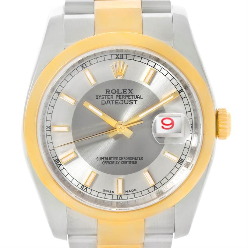 The image shows a front view of the Rolex Datejust 116203 Men's Stainless Steel Silver Dial 116203 Men's Stainless Steel Silver Dial, highlighting the face, bezel, and bracelet.