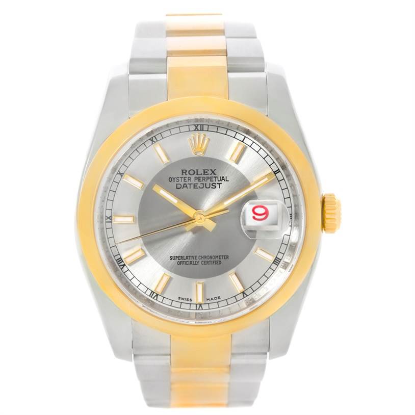 The image shows a Rolex Datejust 116203 Men's Stainless Steel Silver Dial 116203 Men's Stainless Steel Silver Dial watch from a front angle, highlighting its dial, bezel, and bracelet.