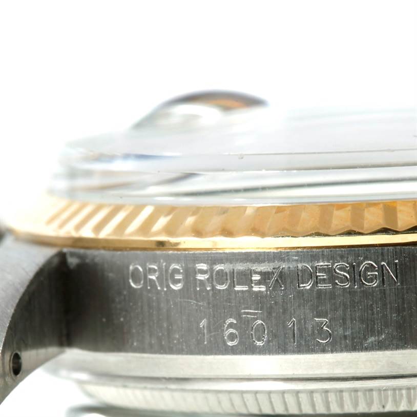 The image shows a close-up side view of a Rolex Datejust 16013 Men's Stainless Steel Champagne Dial 16013 Men's Stainless Steel Champagne Dial watch, highlighting the bezel, crystal, and case with model number 16013.