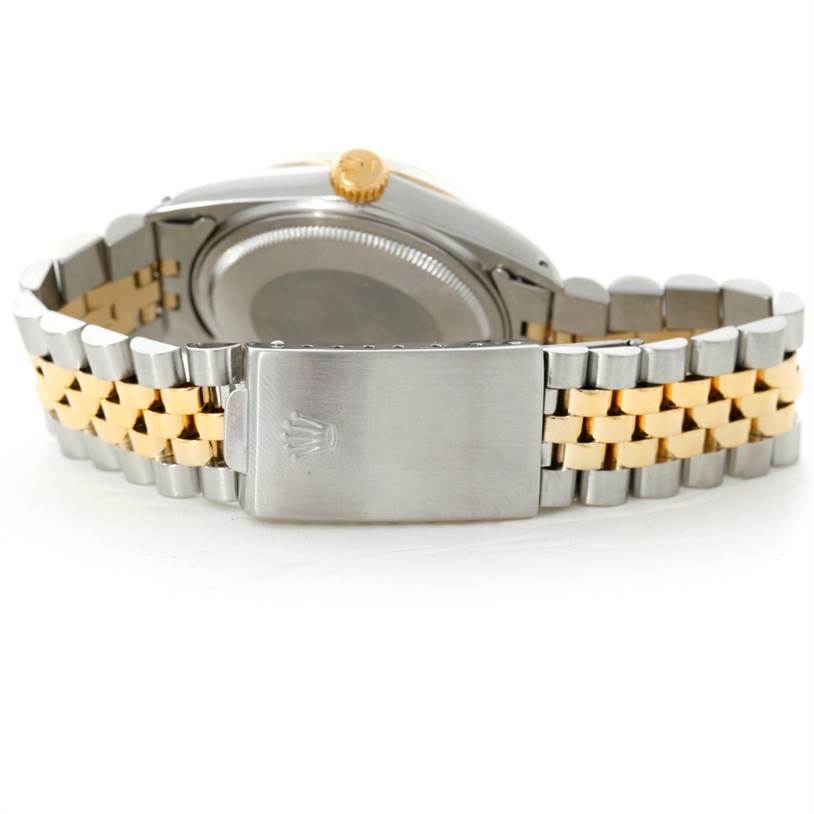 This image shows the back and clasp of the Rolex Datejust 16013 Men's Stainless Steel Champagne Dial 16013 Men's Stainless Steel Champagne Dial watch, focusing on the jubilee bracelet and case back.