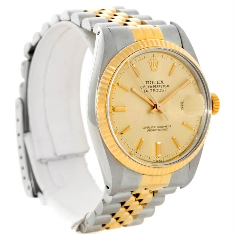 The image shows a side angle of a Rolex Datejust 16013 Men's Stainless Steel Champagne Dial 16013 Men's Stainless Steel Champagne Dial watch highlighting its gold and silver bracelet, fluted bezel, crown, and dial.