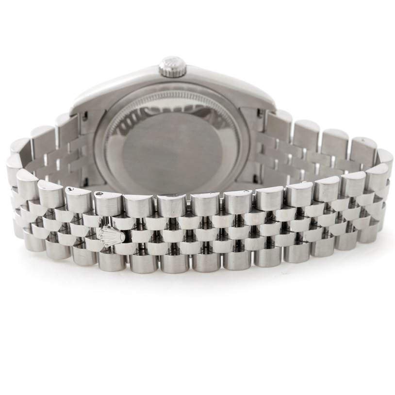 The image shows the back view of a Rolex Datejust 116234 Men
s Stainless Steel White Dial 116234 Men
s Stainless Steel White Dial watch, highlighting its case back and Jubilee bracelet.