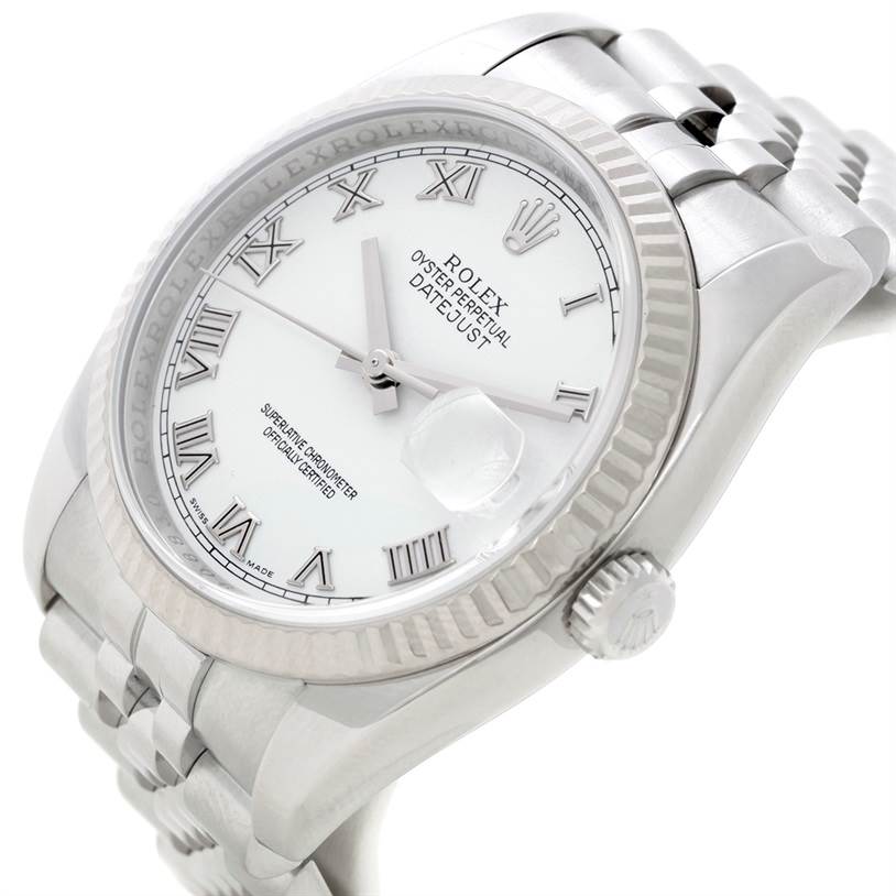 The image shows a Rolex Datejust 116234 Men
s Stainless Steel White Dial 116234 Men
s Stainless Steel White Dial watch at an angle, highlighting the bezel, dial, crown, and part of the bracelet.