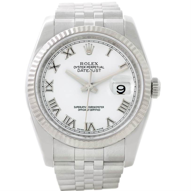 This image shows a Rolex Datejust 116234 Men
s Stainless Steel White Dial 116234 Men
s Stainless Steel White Dial watch from the front, including the face, bezel, crown, and bracelet.