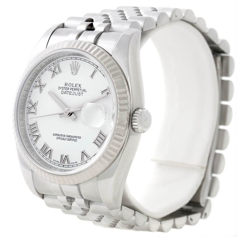 The image shows a Rolex Datejust 116234 Men
s Stainless Steel White Dial 116234 Men
s Stainless Steel White Dial watch from a side angle, highlighting its face, bezel, crown, and bracelet.