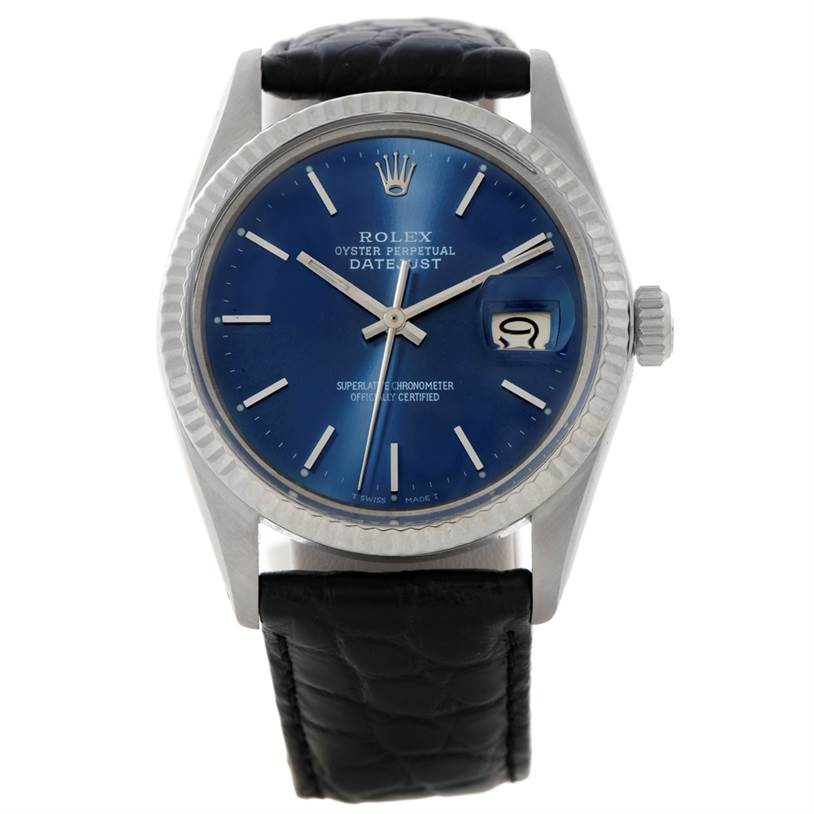 The image shows a Rolex Datejust 16014 Men's Stainless Steel Blue Dial 16014 Men's Stainless Steel Blue Dial watch from the front, displaying its blue dial, fluted bezel, and black leather strap.