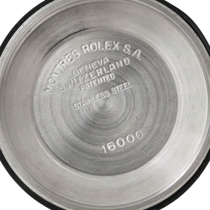 This image shows the inner case back of a Rolex Datejust 16014 Men's Stainless Steel Blue Dial 16014 Men's Stainless Steel Blue Dial model, inscribed with "Montres Rolex S.A." and "Geneva, Switzerland."