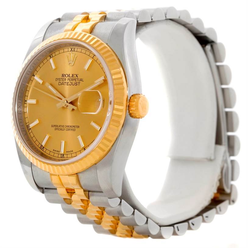 The image shows a close-up side angle of a Rolex Datejust 116233 Men
s Stainless Steel Champagne Dial 116233 Men
s Stainless Steel Champagne Dial watch, highlighting the dial, bezel, crown, and part of the bracelet.