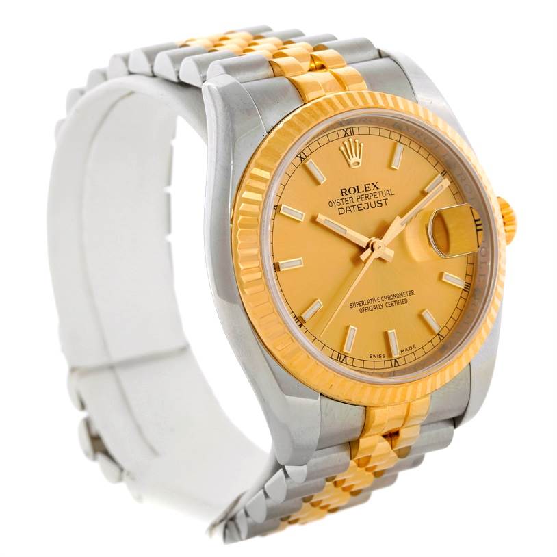 The image shows the front and side view of a Rolex Datejust 116233 Men
s Stainless Steel Champagne Dial 116233 Men
s Stainless Steel Champagne Dial watch, highlighting its dial, bezel, and two-tone bracelet.