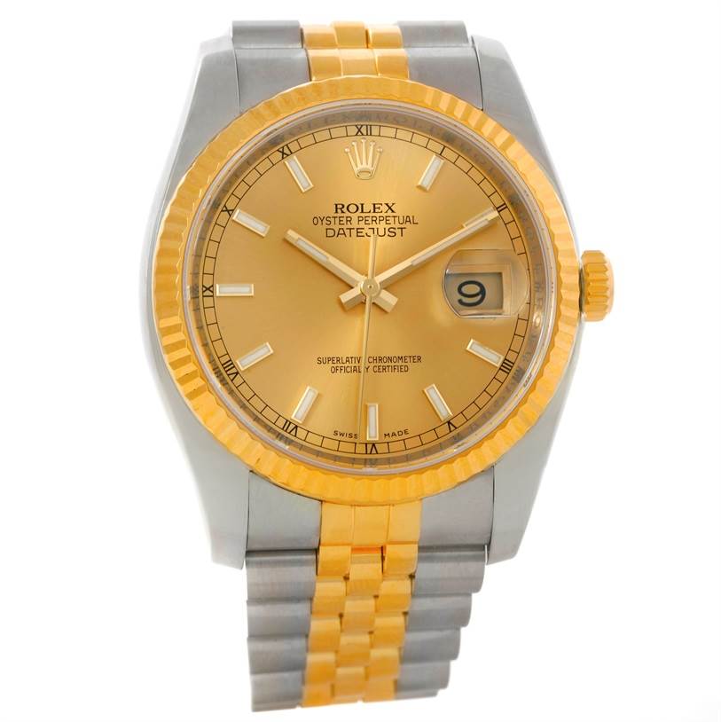 This image shows a frontal view of a Rolex Datejust 116233 Men
s Stainless Steel Champagne Dial 116233 Men
s Stainless Steel Champagne Dial watch, displaying the dial, bezel, and part of the bracelet.