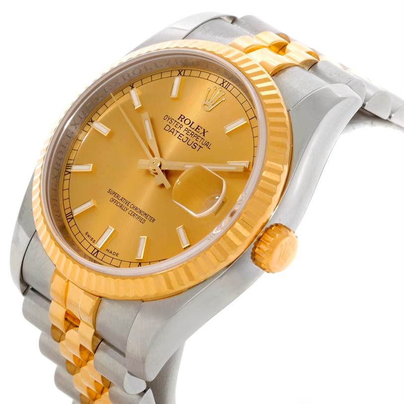 The image shows a close-up side angle of the Rolex Datejust 116233 Men
s Stainless Steel Champagne Dial 116233 Men
s Stainless Steel Champagne Dial watch, highlighting its gold dial, bezel, and two-tone bracelet.