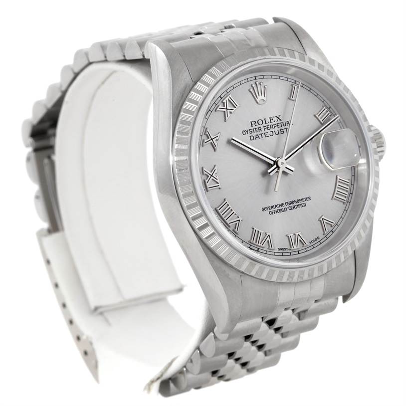 The image shows a Rolex Datejust 16220 Men's Stainless Steel Silver Dial 16220 Men's Stainless Steel Silver Dial watch at a three-quarter angle highlighting the face, case, and part of the bracelet.