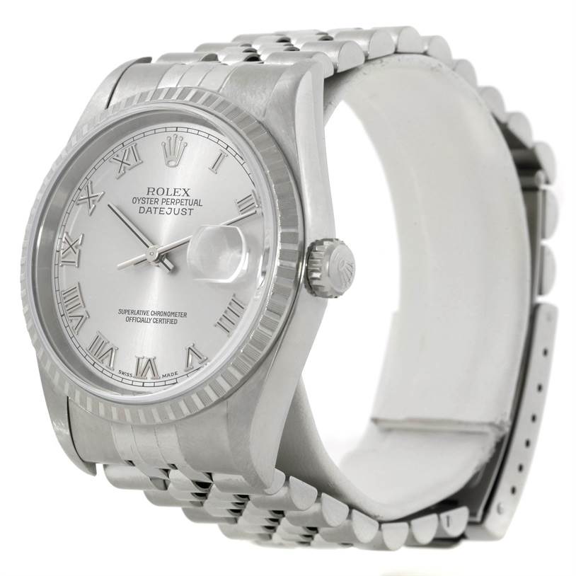 The image shows a side-angle view of a Rolex Datejust 16220 Men's Stainless Steel Silver Dial 16220 Men's Stainless Steel Silver Dial watch, highlighting its face, bezel, crown, and partially the bracelet.