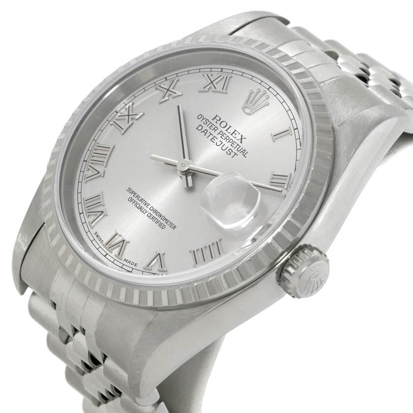 This image shows the watch face and partial bracelet of a Rolex Datejust 16220 Men's Stainless Steel Silver Dial 16220 Men's Stainless Steel Silver Dial, angled slightly from above.