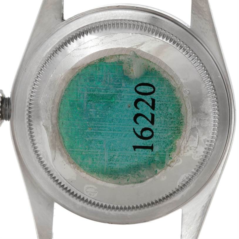 The image shows the back case of a Rolex Datejust 16220 Men's Stainless Steel Silver Dial 16220 Men's Stainless Steel Silver Dial model, displaying its case number 16220.