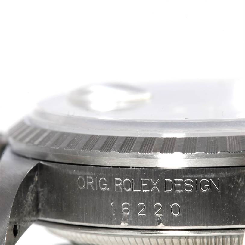 The image shows a close-up side view of the case and bezel, featuring the model number of the Rolex Datejust 16220 Men's Stainless Steel Silver Dial 16220 Men's Stainless Steel Silver Dial watch.