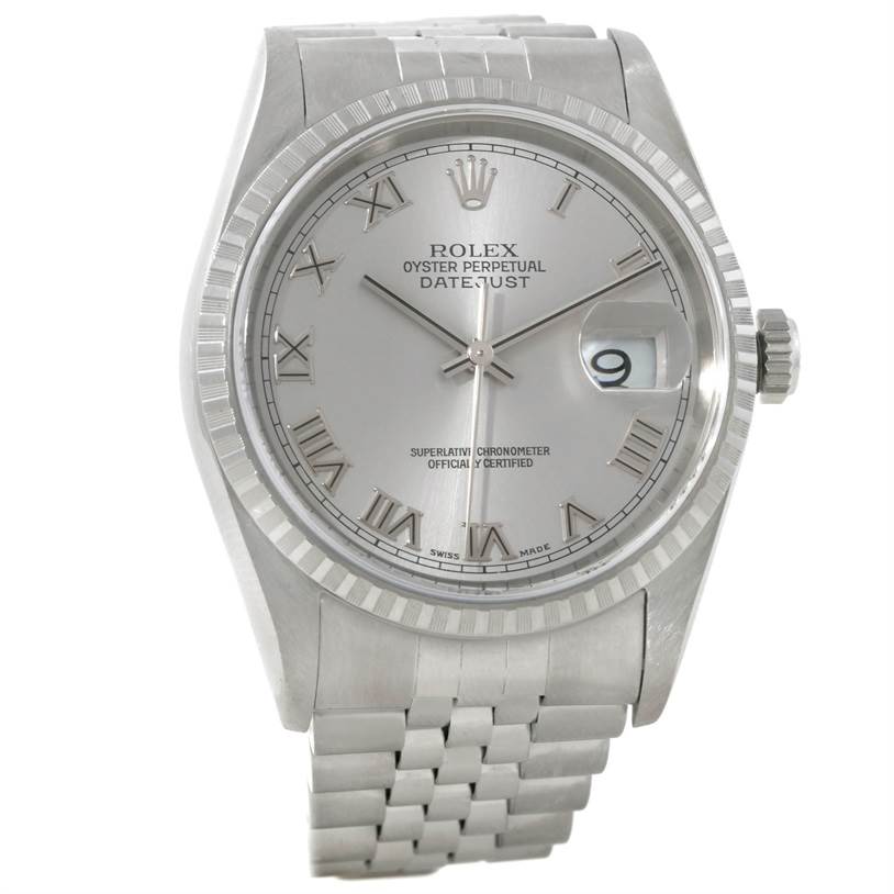 This image shows a frontal view of a Rolex Datejust 16220 Men's Stainless Steel Silver Dial 16220 Men's Stainless Steel Silver Dial watch, displaying its face, bezel, and bracelet.