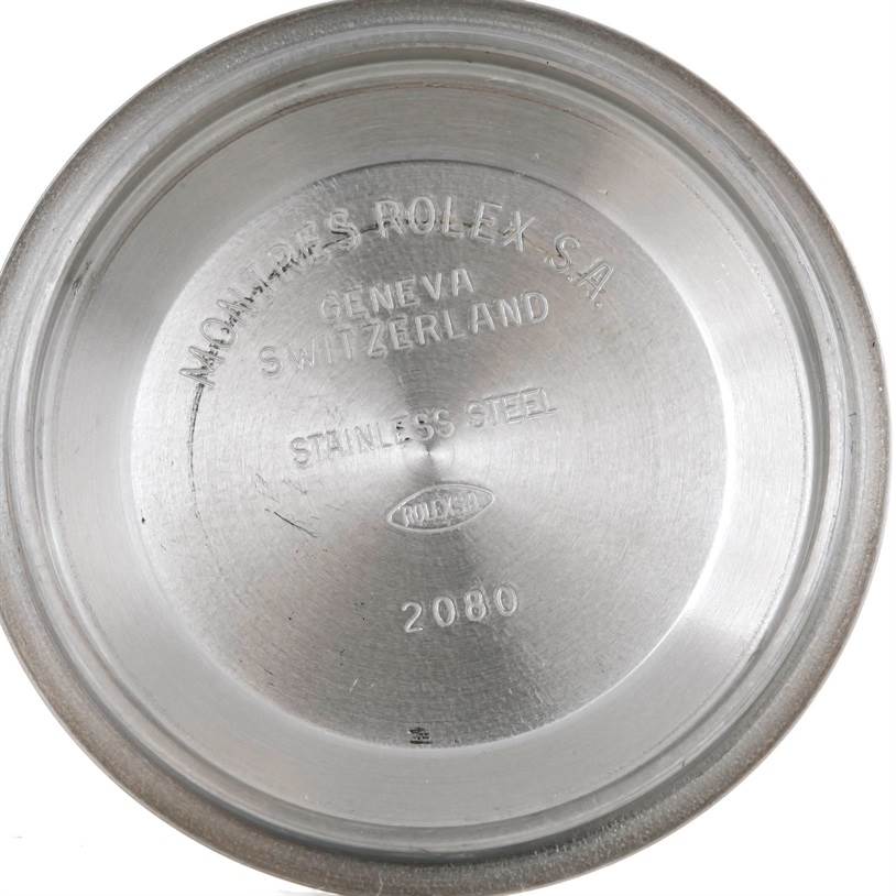 The image shows the inside of the stainless steel case back of a Rolex Datejust 16220 Men's Stainless Steel Silver Dial 16220 Men's Stainless Steel Silver Dial watch.