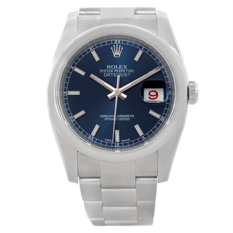 The image shows a front view of a Rolex Datejust 116200 Men's Stainless Steel Blue Dial 116200 Men's Stainless Steel Blue Dial watch, displaying its dial, hands, date window, and bracelet.