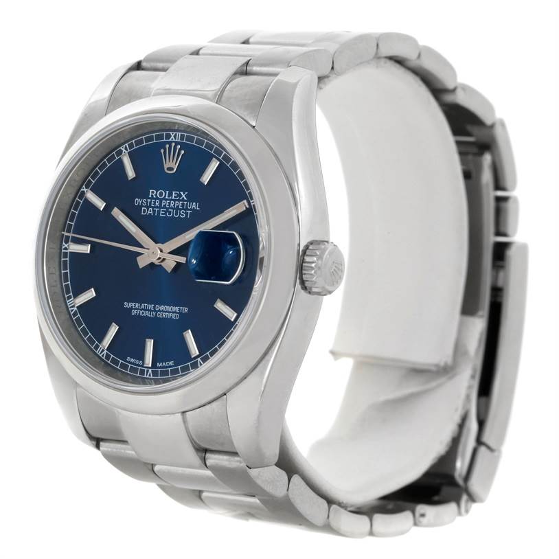 The Rolex Datejust 116200 Men's Stainless Steel Blue Dial 116200 Men's Stainless Steel Blue Dial watch is shown at a 3/4 angle, displaying the watch face, crown, and part of the bracelet.