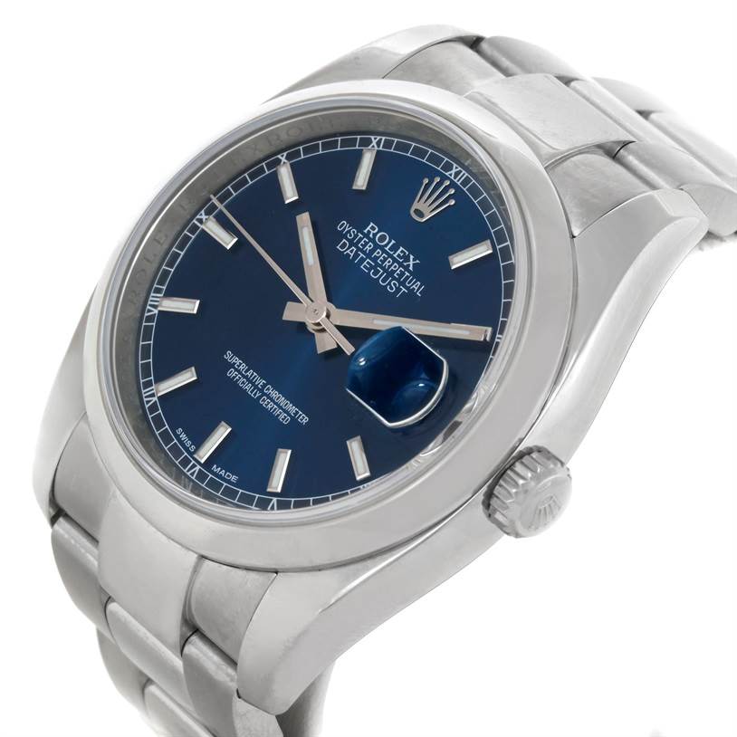 The image shows a Rolex Datejust 116200 Men's Stainless Steel Blue Dial 116200 Men's Stainless Steel Blue Dial watch at an angle highlighting the dial, bezel, bracelet, and crown.