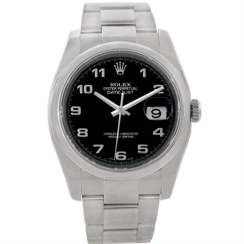 This image shows a Rolex Datejust 116200 Men
s Stainless Steel Black Dial 116200 Men
s Stainless Steel Black Dial watch from a front angle, displaying the face, case, band, and crown.