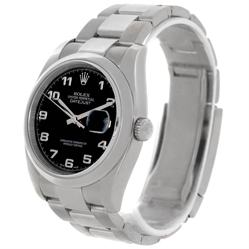 The image shows a Rolex Datejust 116200 Men
s Stainless Steel Black Dial 116200 Men
s Stainless Steel Black Dial watch at a three-quarter angle, displaying the dial, bezel, case, crown, and bracelet.