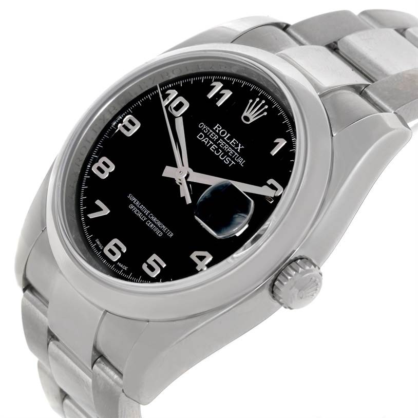 This image shows a slightly angled view of the Rolex Datejust 116200 Men
s Stainless Steel Black Dial 116200 Men
s Stainless Steel Black Dial watch, highlighting its face, bezel, crown, and part of the bracelet.