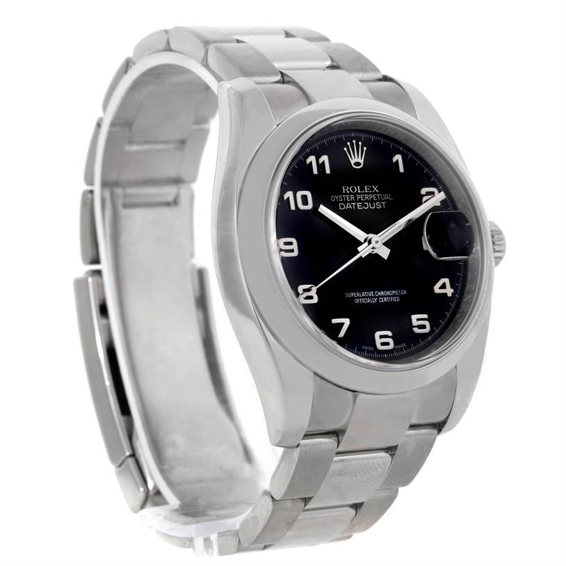 The image shows a side angle of a Rolex Datejust 116200 Men
s Stainless Steel Black Dial 116200 Men
s Stainless Steel Black Dial watch, highlighting its dial, bezel, and bracelet.