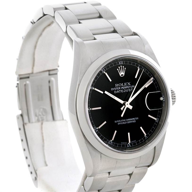 The Rolex Datejust 16200 Men's Stainless Steel Black Dial 16200 Men's Stainless Steel Black Dial watch is shown at a 3/4 angle, highlighting the black dial, hands, markers, and metal bracelet.