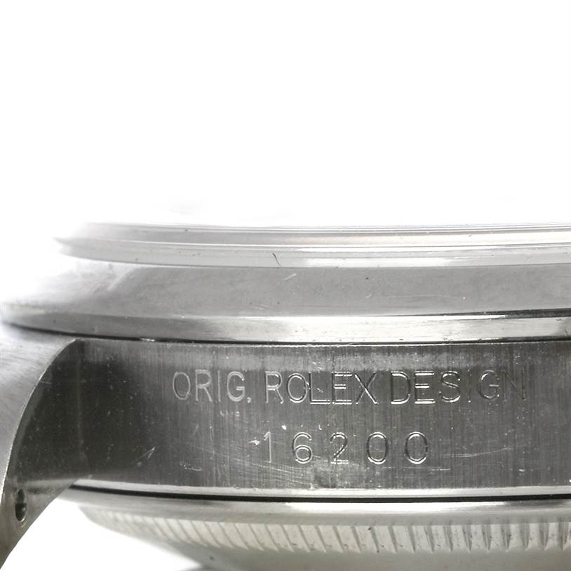 This image shows a close-up of the side of a Rolex Datejust 16200 Men's Stainless Steel Black Dial 16200 Men's Stainless Steel Black Dial model, specifically highlighting the model number "16200" and "ORIG. ROLEX DESIGN."