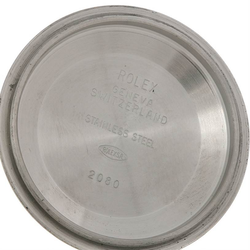 This image shows the interior case back of a Rolex Datejust 16200 Men's Stainless Steel Black Dial 16200 Men's Stainless Steel Black Dial watch, displaying inscriptions and markings.
