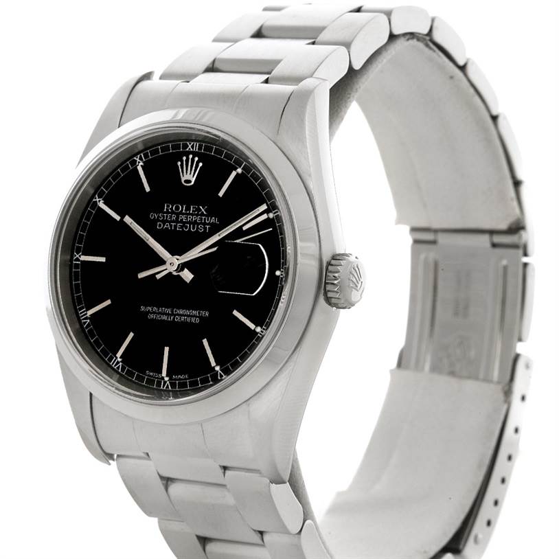 The image shows a side angle of the Rolex Datejust 16200 Men's Stainless Steel Black Dial 16200 Men's Stainless Steel Black Dial, highlighting the dial, crown, and metal bracelet.