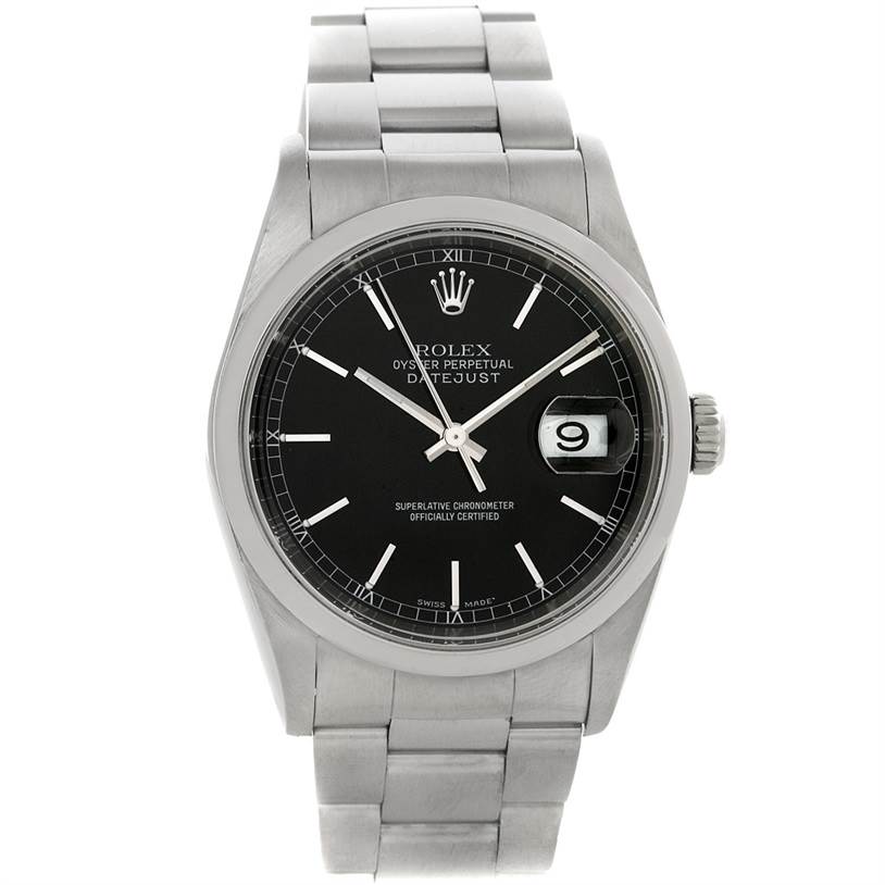 This image shows a Rolex Datejust 16200 Men's Stainless Steel Black Dial 16200 Men's Stainless Steel Black Dial watch from a front angle, displaying its face, bezel, and bracelet.