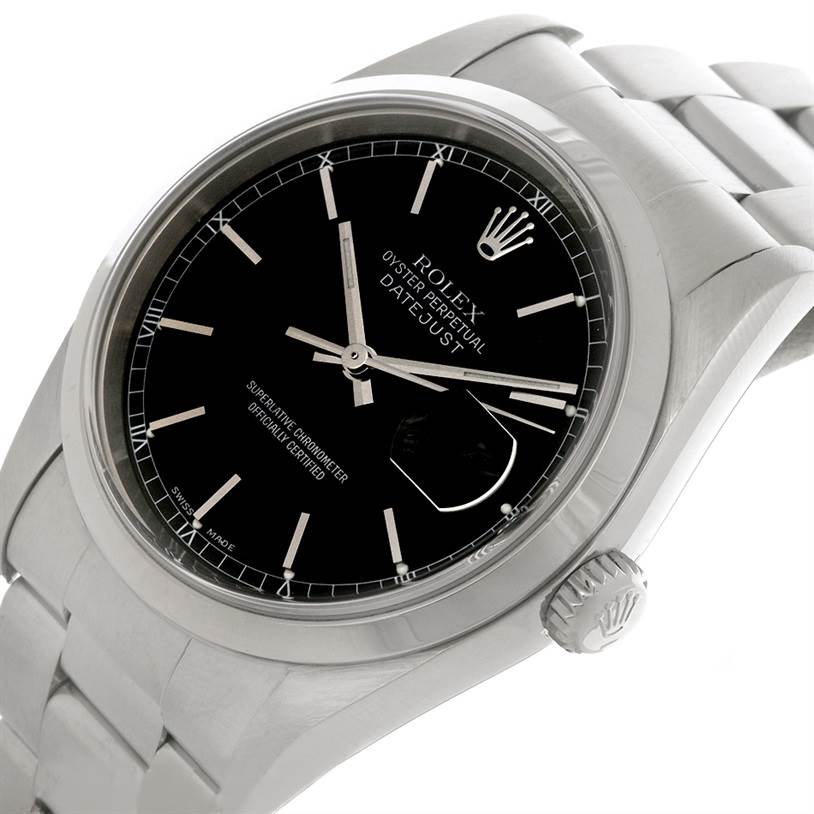 The Rolex Datejust 16200 Men's Stainless Steel Black Dial 16200 Men's Stainless Steel Black Dial watch is shown at a slight angle, highlighting its black dial, crown, bracelet, and date window with cyclops lens.