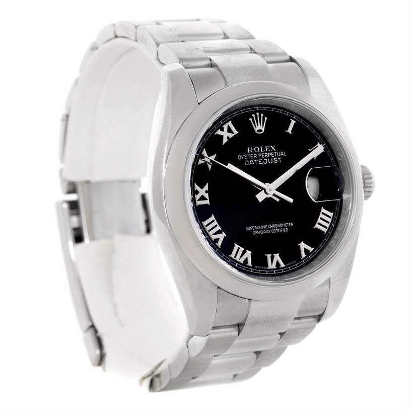 This image shows a Rolex Datejust 116200 Men
s Stainless Steel Black Dial 116200 Men
s Stainless Steel Black Dial watch angled from the front-left, displaying its black dial, Roman numerals, and stainless steel bracelet.