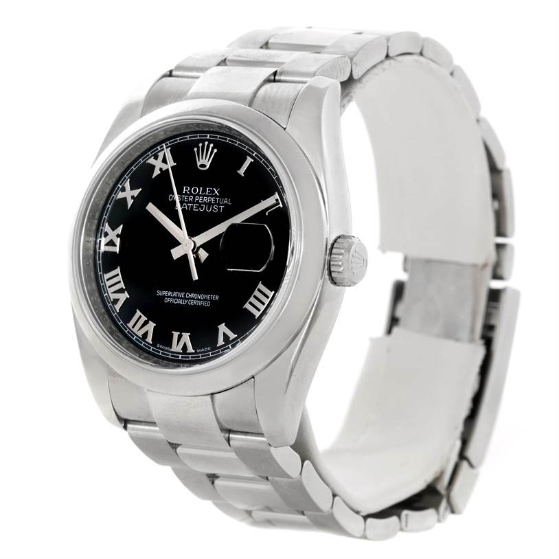 The Rolex Datejust 116200 Men
s Stainless Steel Black Dial 116200 Men
s Stainless Steel Black Dial watch is shown at a slight angle, displaying the face, bezel, crown, and part of the bracelet.