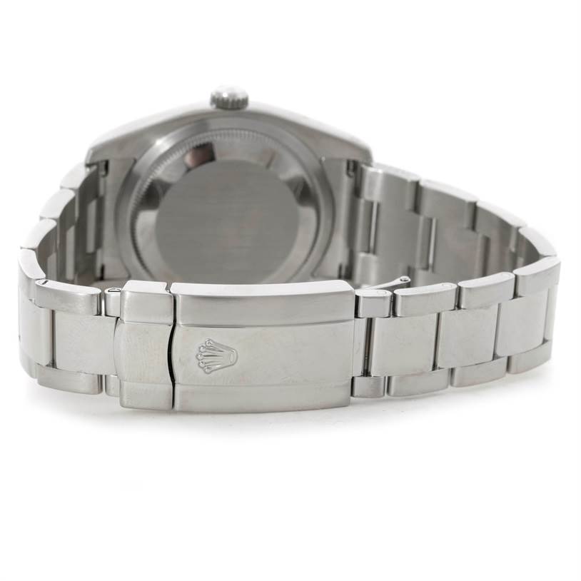 The image shows the back and clasp of a Rolex Datejust 116200 Men
s Stainless Steel Black Dial 116200 Men
s Stainless Steel Black Dial watch, highlighting its bracelet and case back.