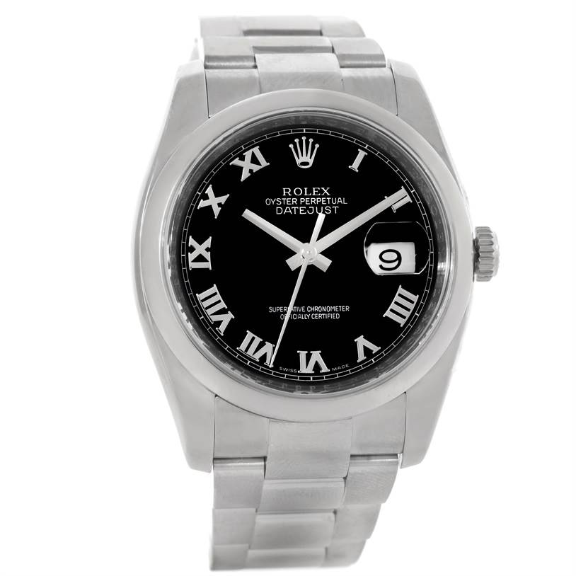 The image shows a front view of the Rolex Datejust 116200 Men
s Stainless Steel Black Dial 116200 Men
s Stainless Steel Black Dial watch, highlighting its black dial, Roman numerals, and date window.