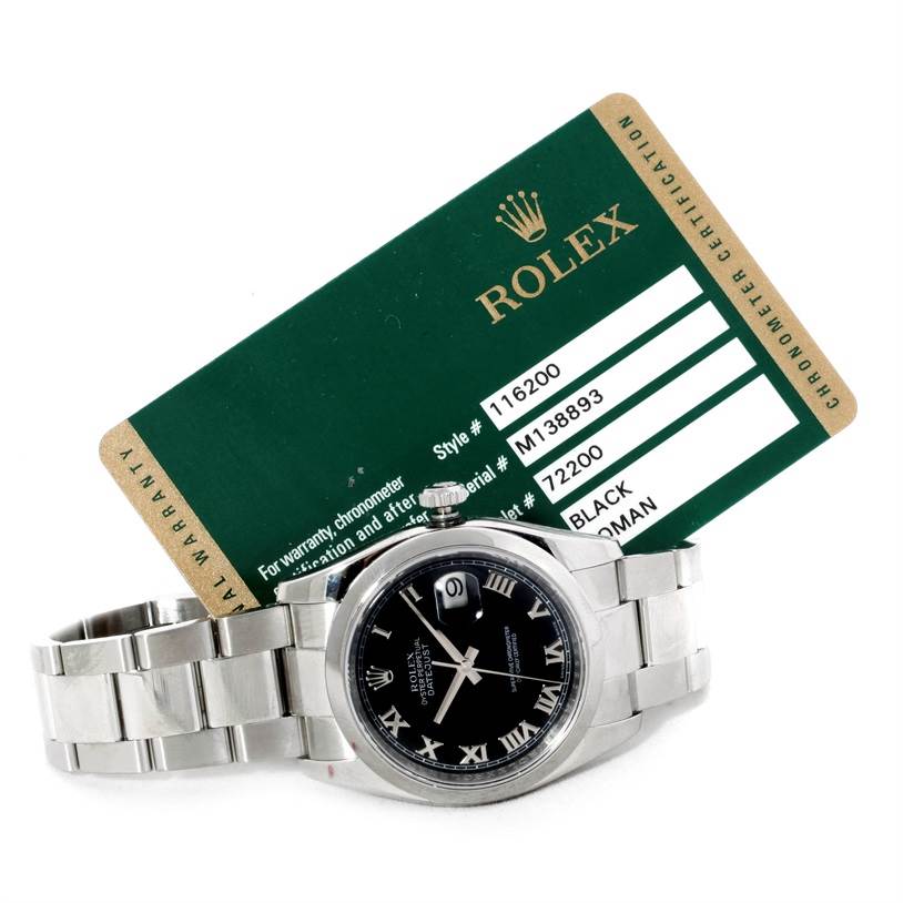The Rolex Datejust 116200 Men
s Stainless Steel Black Dial 116200 Men
s Stainless Steel Black Dial watch is shown from a front angle with a green chronometer certification card partially behind it.