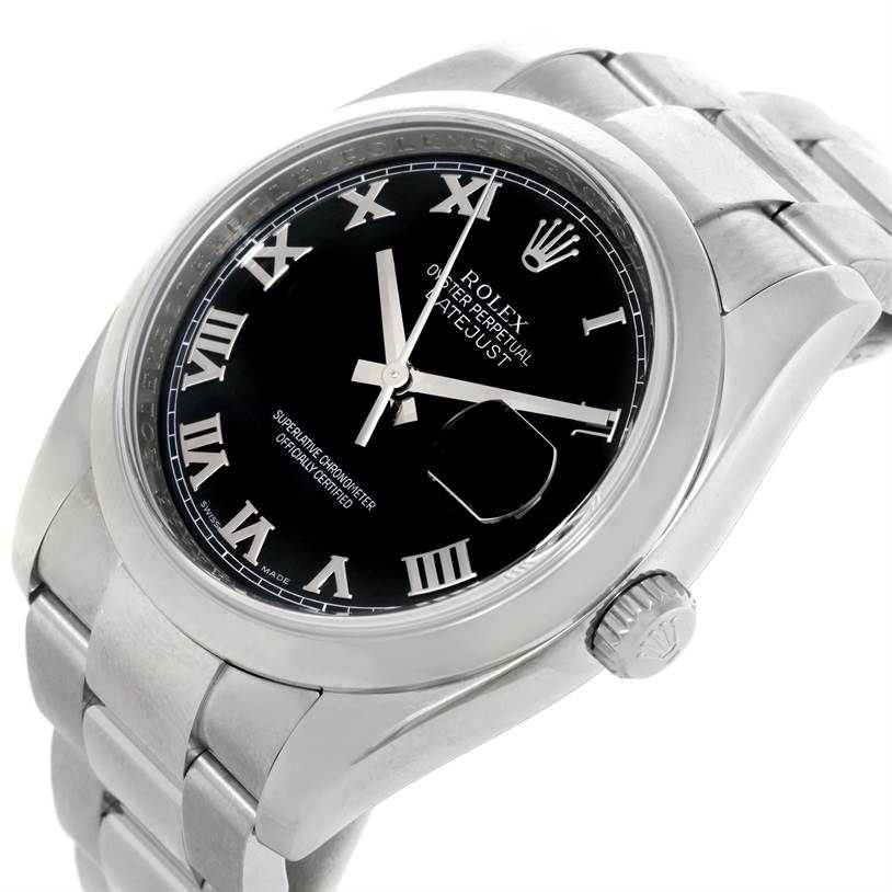 This image shows a Rolex Datejust 116200 Men
s Stainless Steel Black Dial 116200 Men
s Stainless Steel Black Dial watch from a left-angled view, highlighting the dial, case, crown, and bracelet.