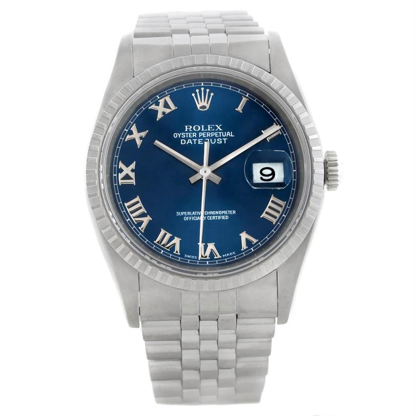 This Rolex Datejust 16220 Men's Stainless Steel Blue Dial 16220 Men's Stainless Steel Blue Dial watch is shown from the front, displaying its blue dial, Roman numerals, date window, and stainless steel bracelet.