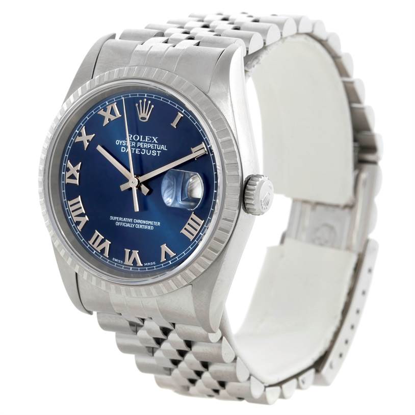 The image shows a Rolex Datejust 16220 Men's Stainless Steel Blue Dial 16220 Men's Stainless Steel Blue Dial watch at a three-quarter angle, highlighting the face, bezel, crown, and bracelet.