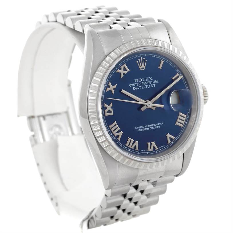 The image shows the Rolex Datejust 16220 Men's Stainless Steel Blue Dial 16220 Men's Stainless Steel Blue Dial watch at a front angle, highlighting its blue dial, Roman numerals, fluted bezel, and Jubilee bracelet.
