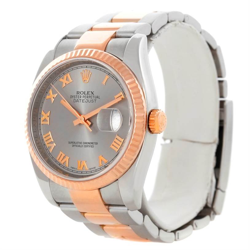 The Rolex Datejust 116231 Men's Steel and Gold (two tone) Pink Dial 116231 Men's Steel and Gold (two tone) Pink Dial watch is shown at an angle displaying the face, bezel, and bracelet with rose gold and stainless steel accents.